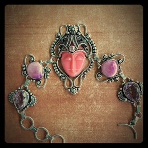 New Carved Pink Goddess Face Pink Topaz & Pearl 925 Silver Bracelet.